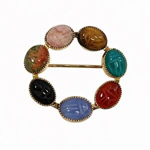 Vintage Multi Color Gemstone Scarab Wreath Brooch Gold Tone Egyptian Revival 1in